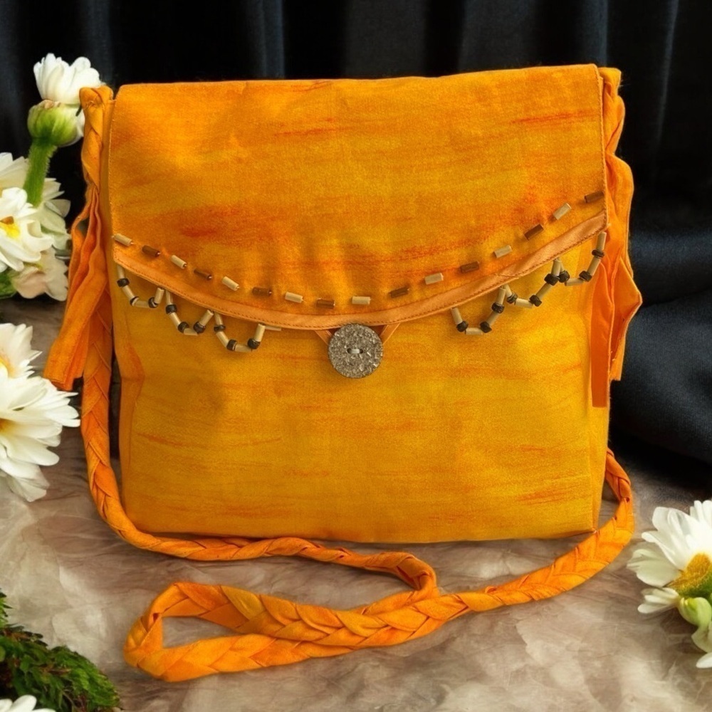 Yellow Orange cloth crossbody bad with wooden beads and coconut shell button NEW